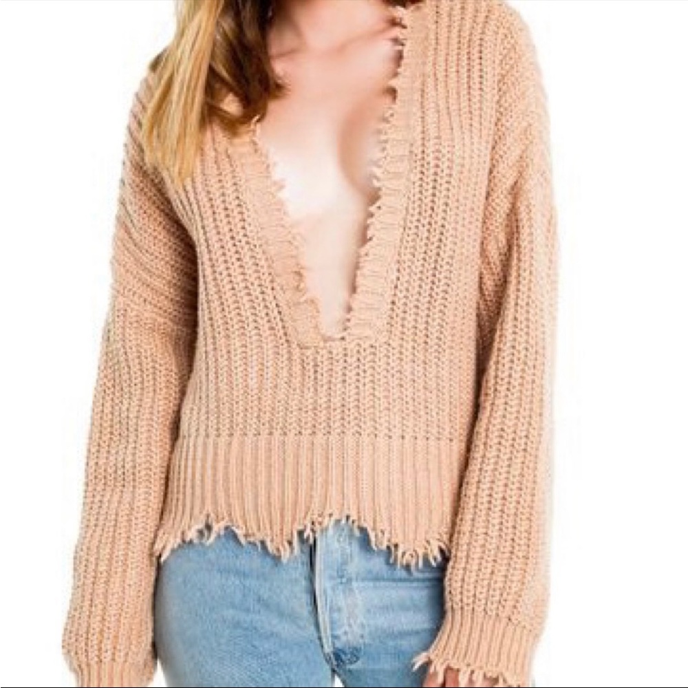 Wildfox Pullover Positano Tan V Neck Sweater size Large - Picture 2 of 9
